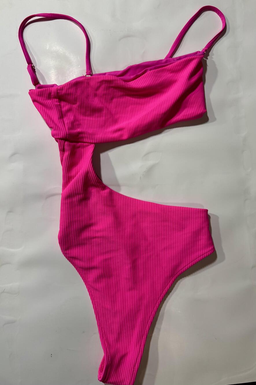 Frankies Bikinis Swimsuit Womens Medium Pink Ribbed Cutout One Piece Made USA